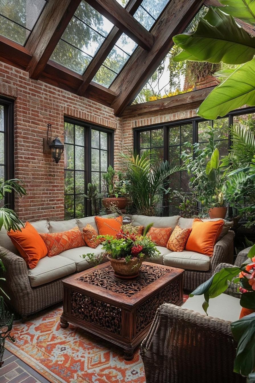 Charming lounge with brick walls and lush greenery