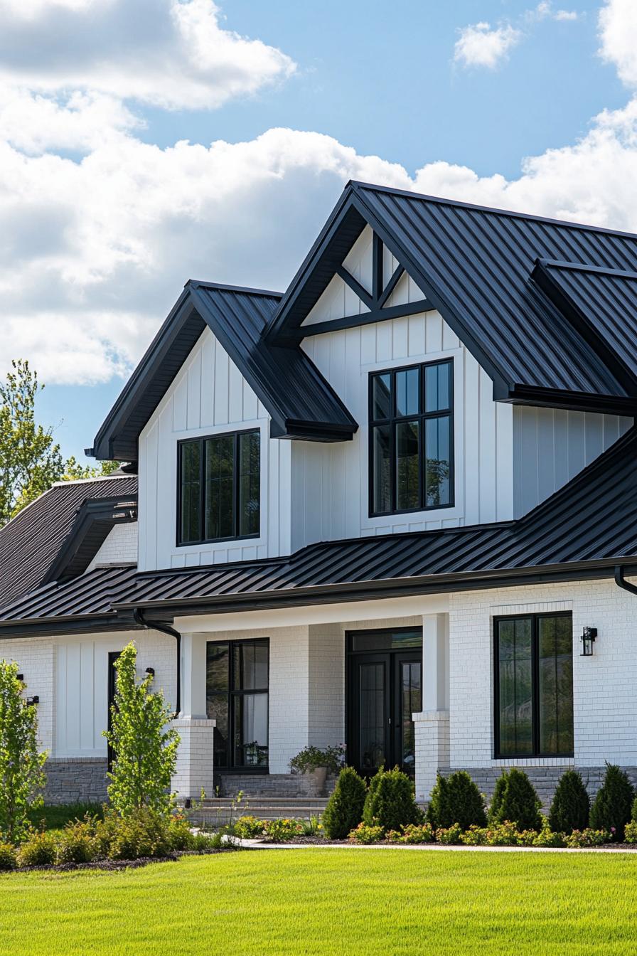 Contemporary house with black accents and lush green lawn