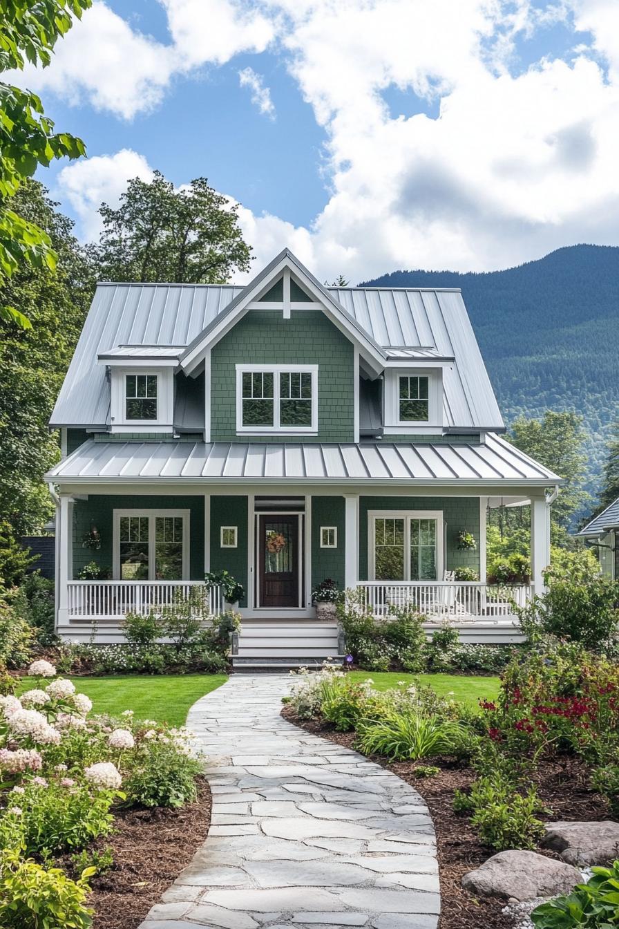 Charming green house with a mountain backdrop