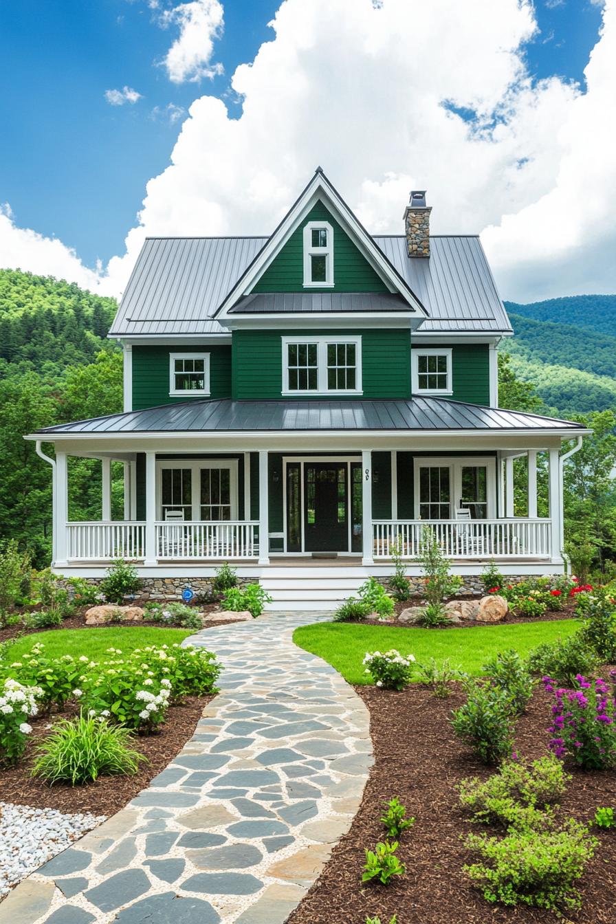 Charming green house with a stone path in a mountain setting