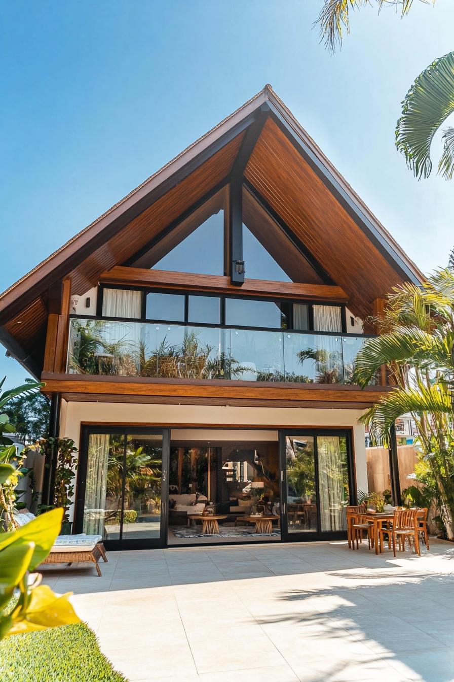 A-frame house with wooden accents and glass balcony