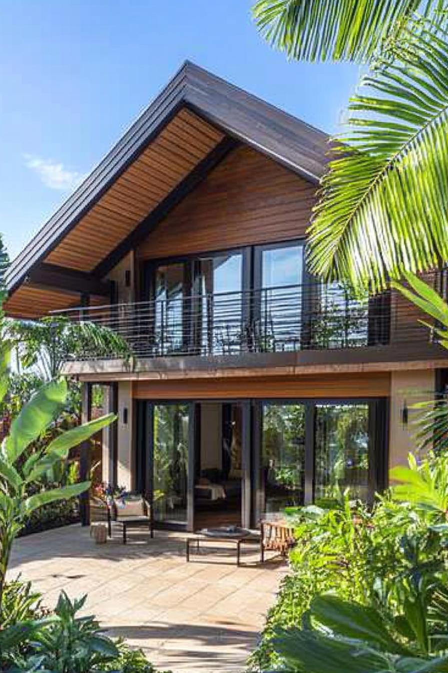 Minimalist house with a tropical garden and large glass windows