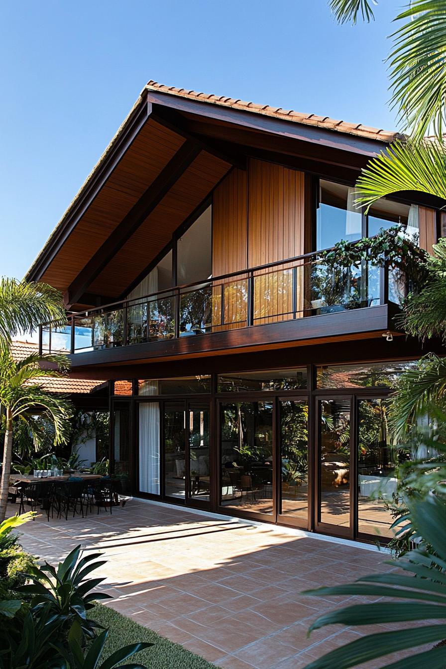 Contemporary house with large windows and tropical plants