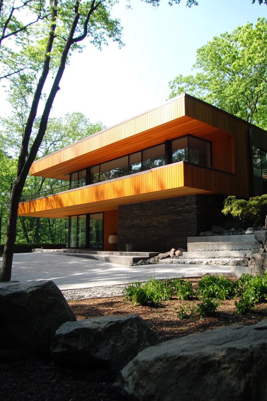 Modern split-level house with wood paneling surrounded by trees