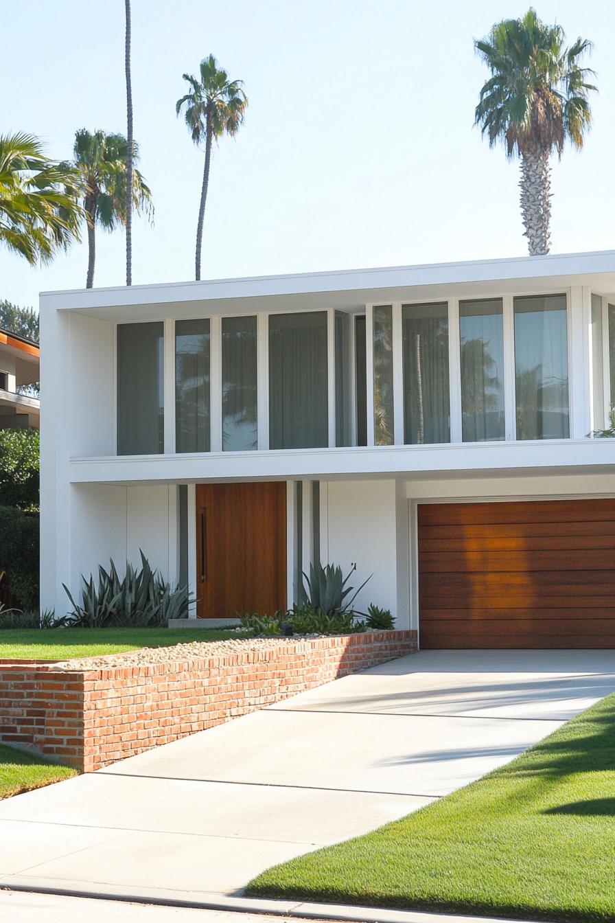 Modern mid-century house with white façade and large windows