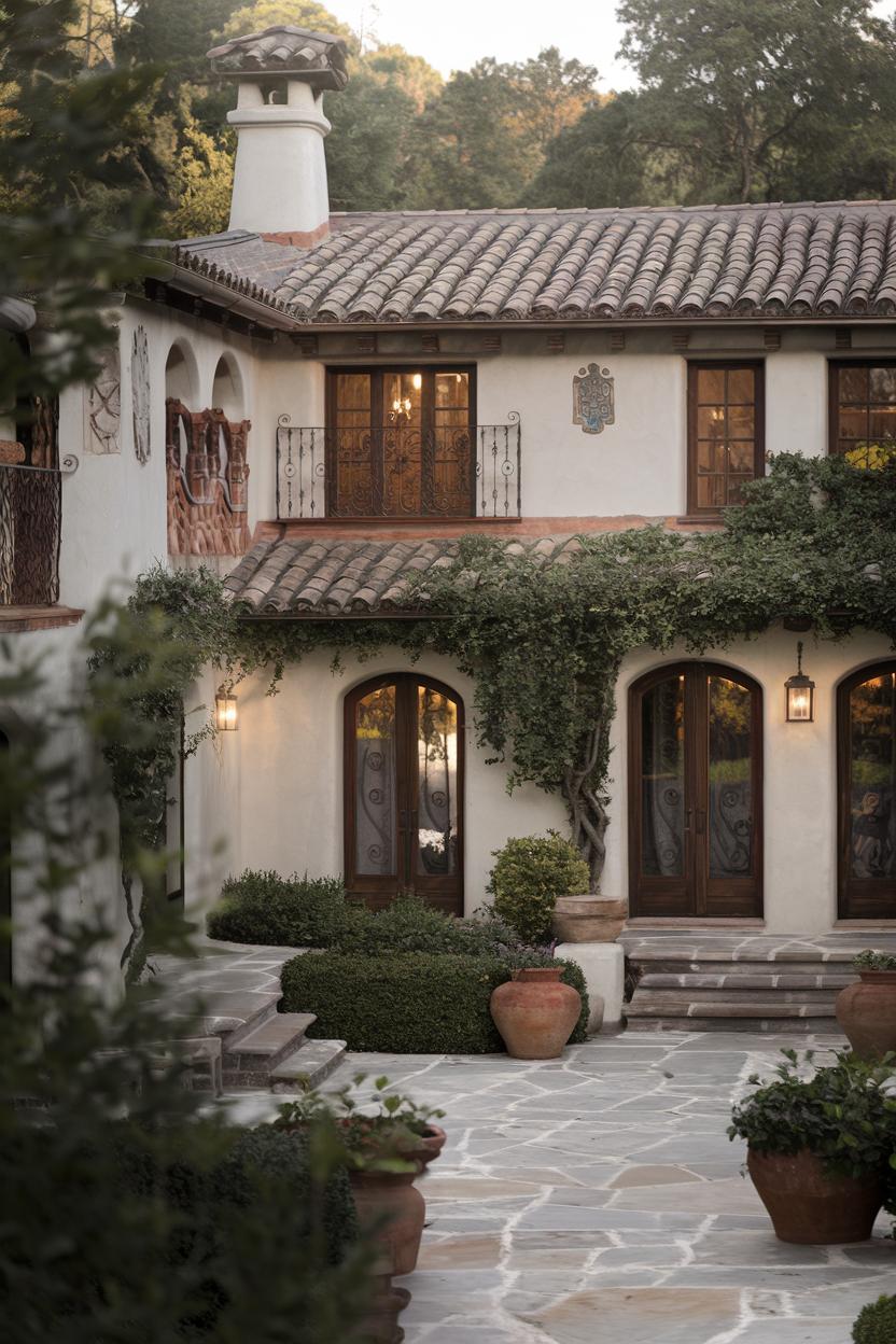 Mediterranean-style house with clay roof tiles and arched doorways