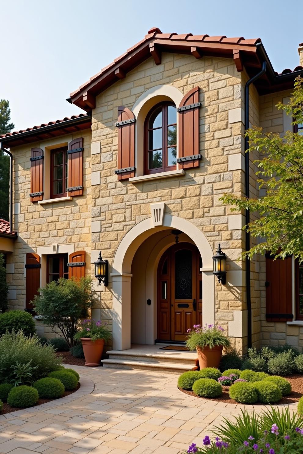 Stone villa with arched doorway and wooden shutters