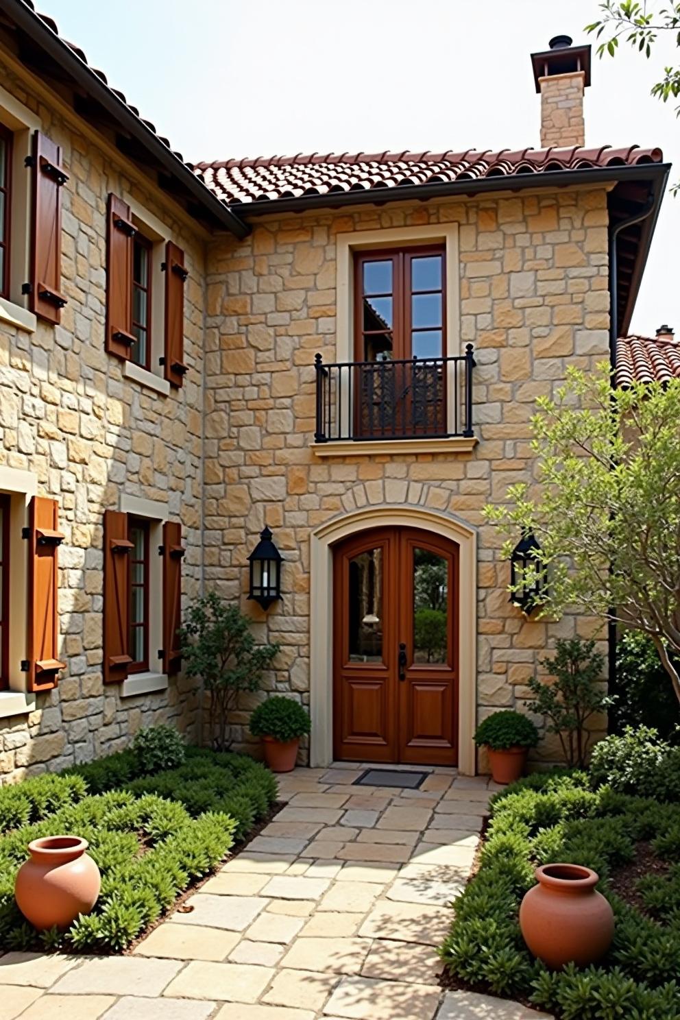 Inviting path leading to an ornate wooden door amidst Tuscan stonework