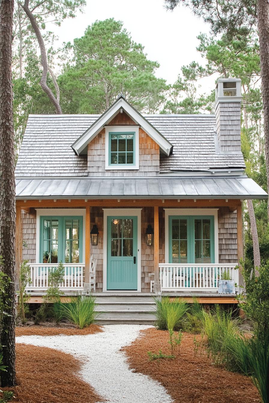 Quaint cottage with teal accents and shingled roof