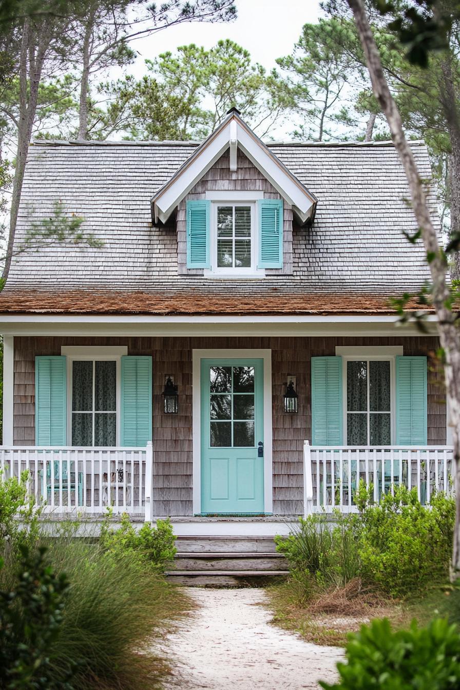 Cozy house with vibrant blue shutters