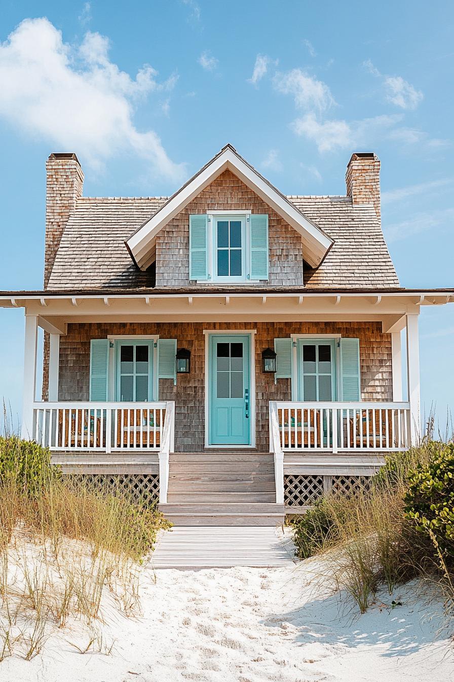 Small beach house with a shingled roof and turquoise accents