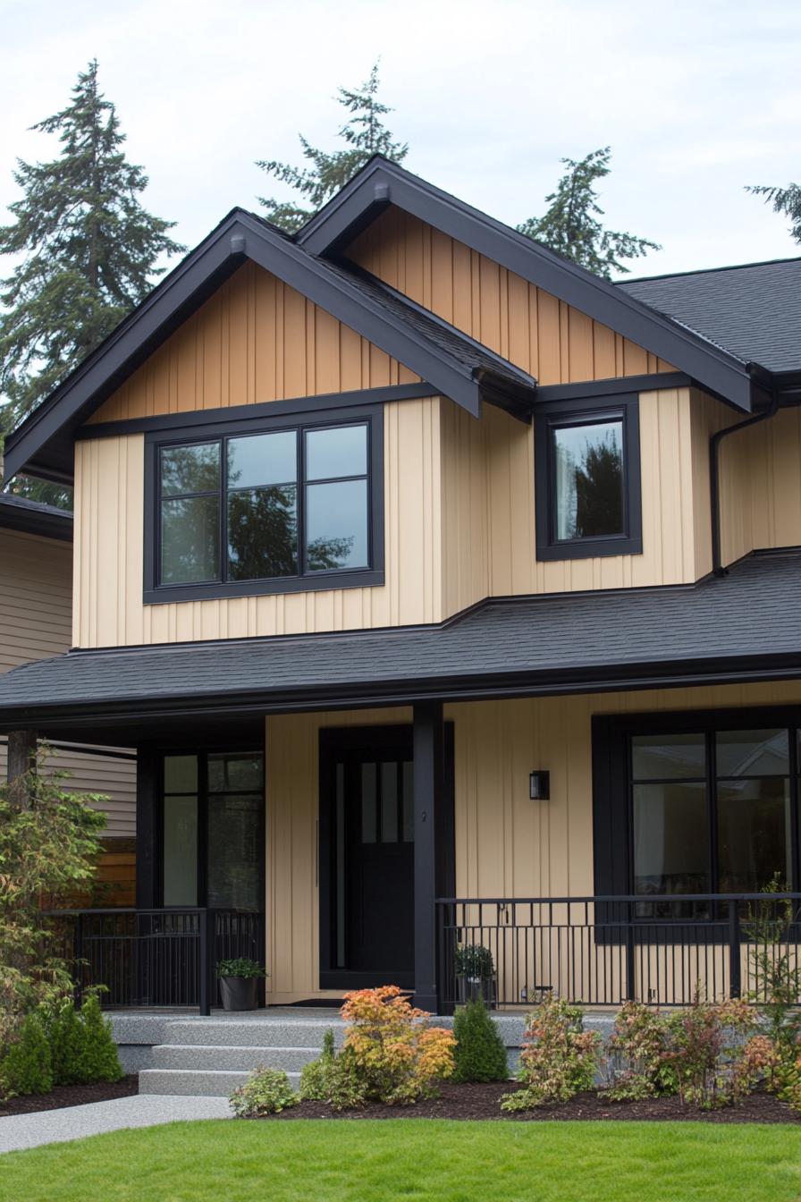 Modern suburban house with peach-colored siding and black accents