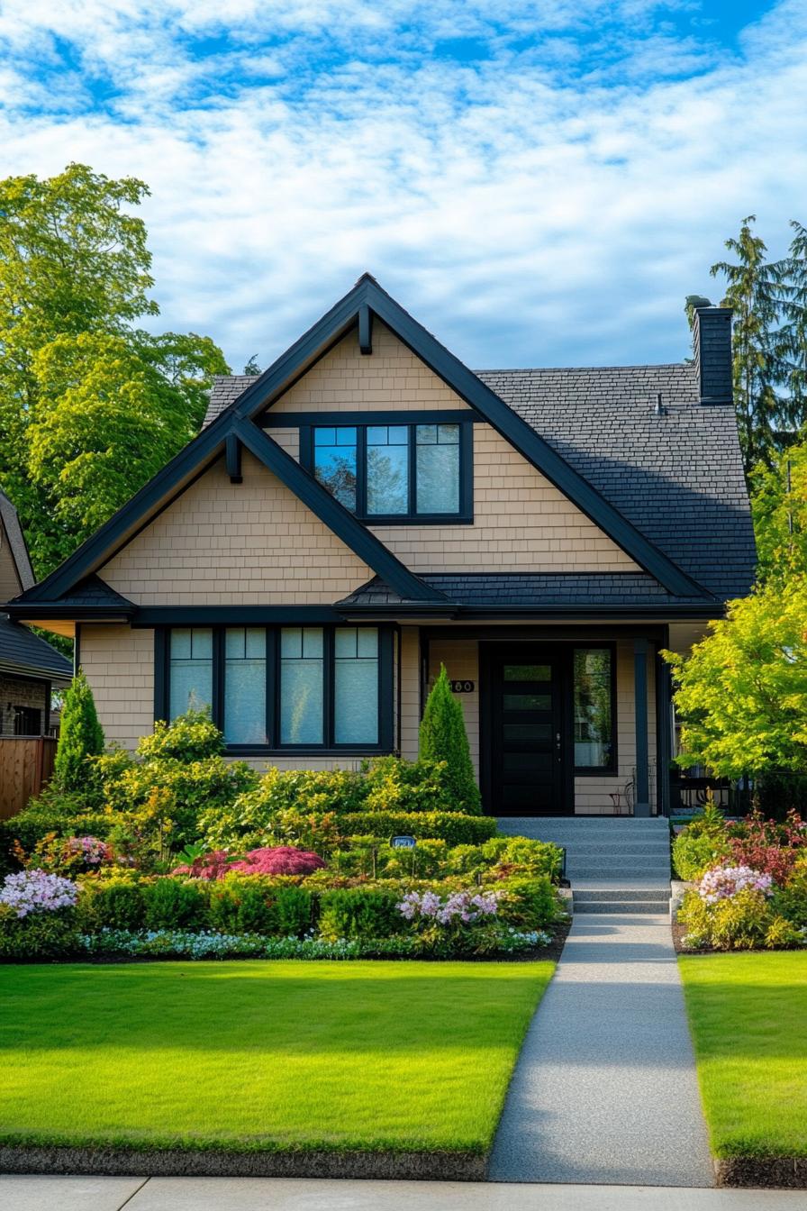 A charming suburban house with lush landscaping