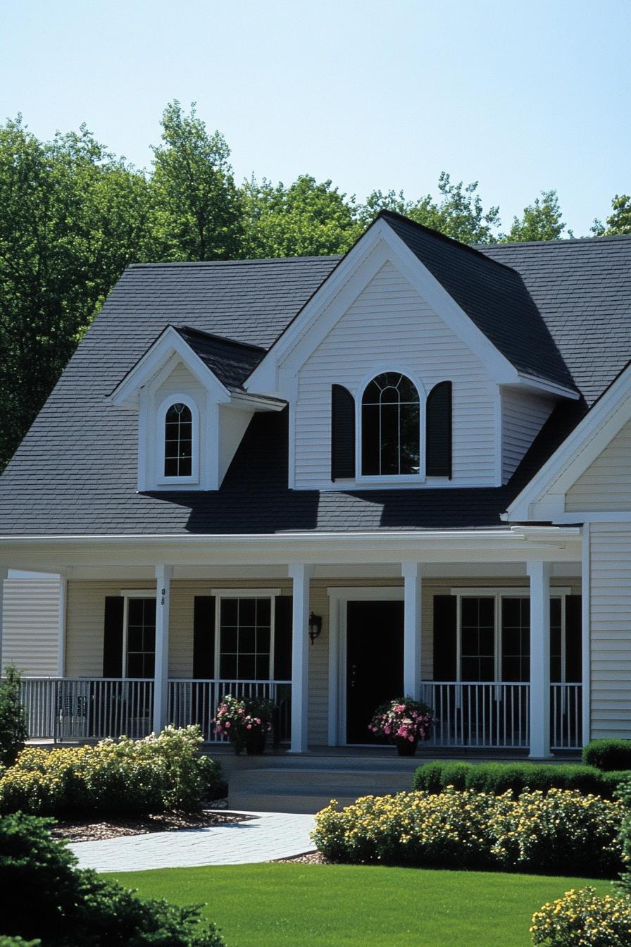 White house with a dark roof and a cozy porch