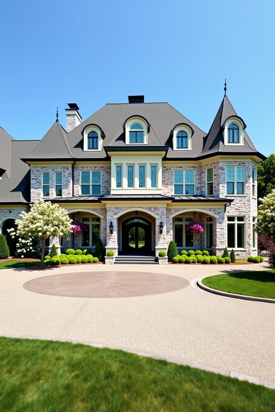 Elegant suburban mansion with turrets and manicured landscaping