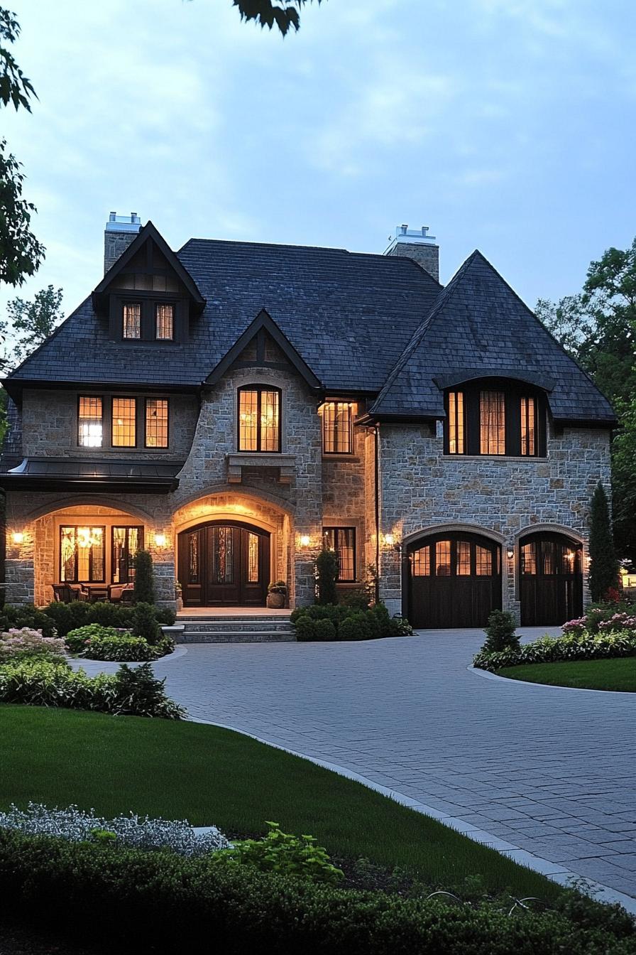 Large suburban stone house with lit windows at dusk