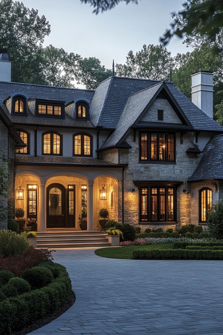 Large suburban house exterior glowing warmly at dusk