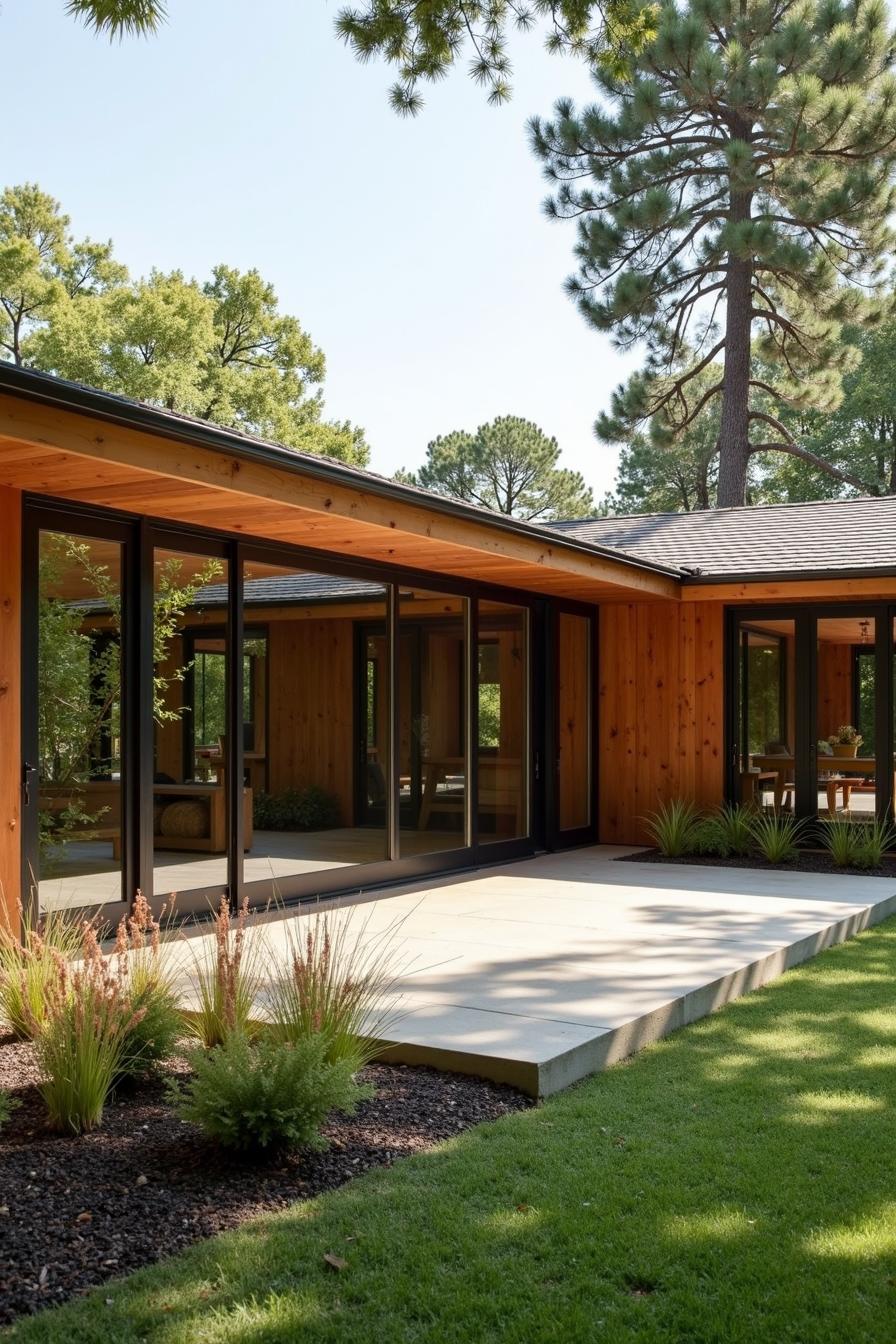 Mid-century ranch with glass walls and wooden exterior