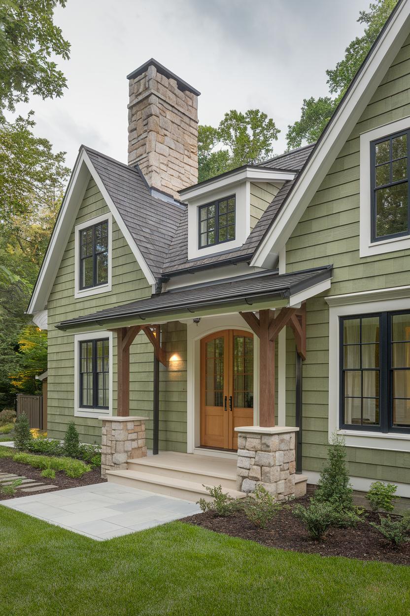 Charming green cottage with stone chimney