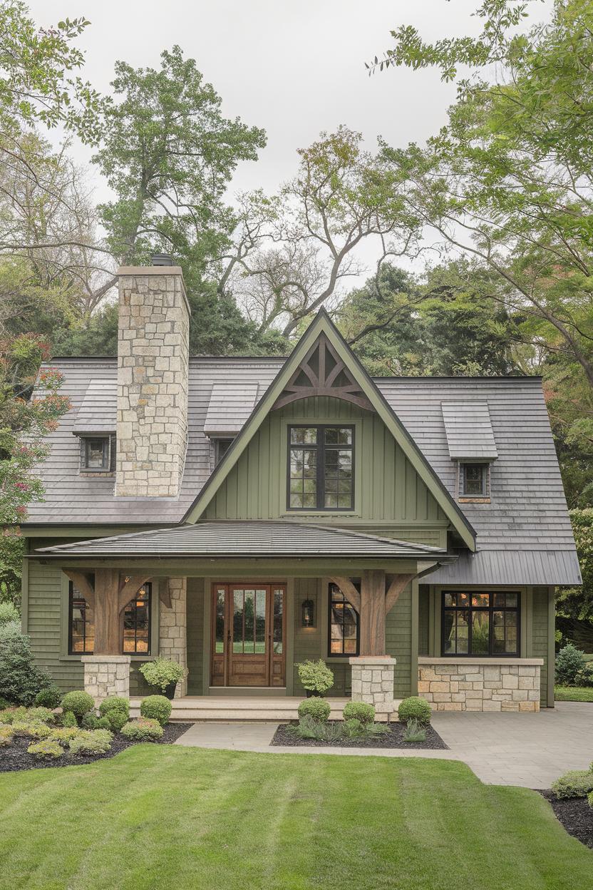 Stone and green cottage surrounded by trees