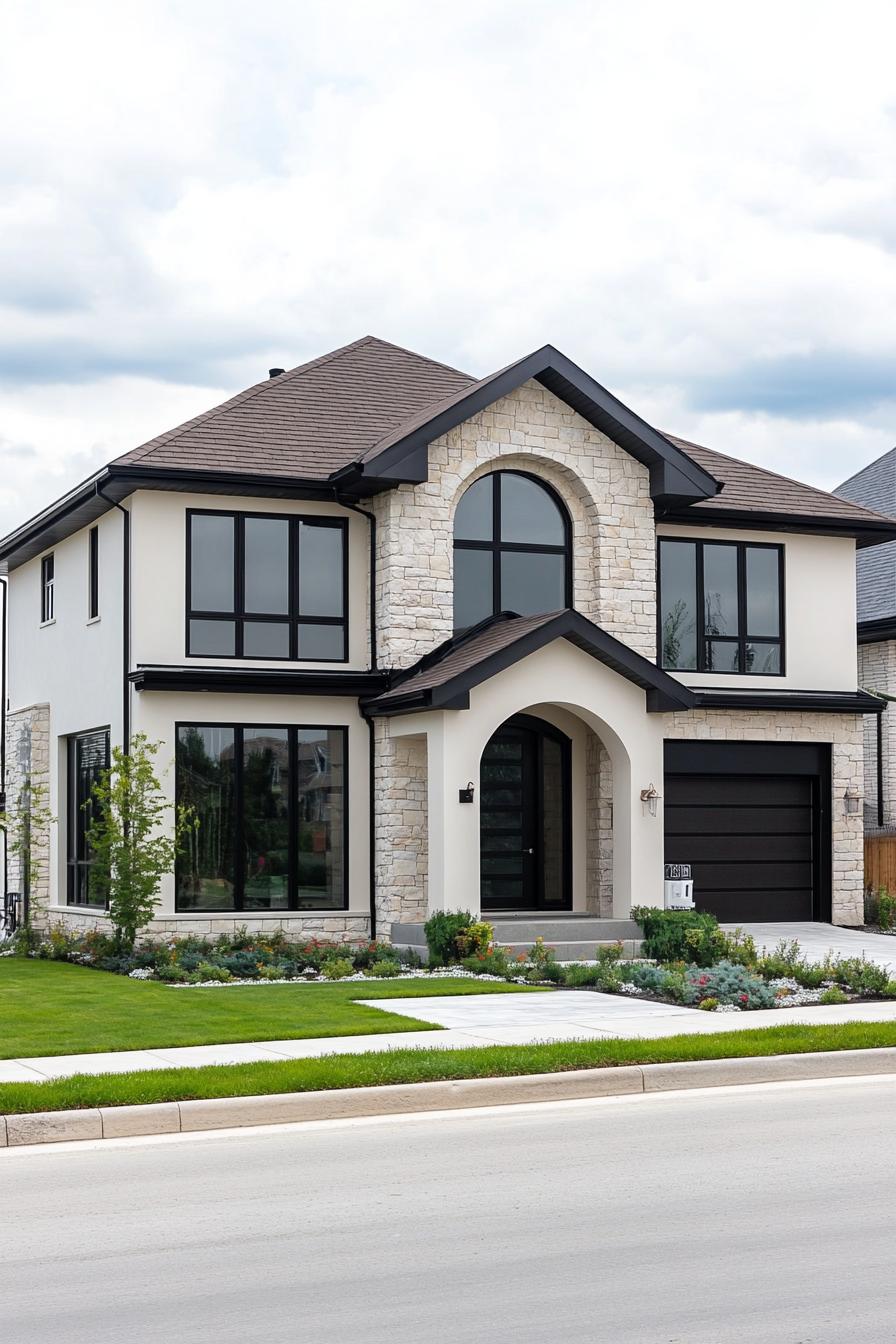 Modern suburban house with stone facade and large windows