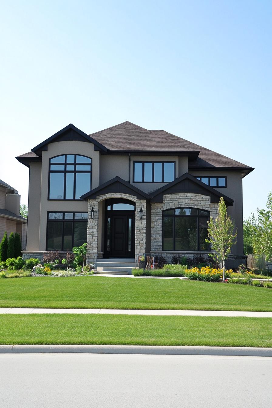 Modern suburban house with stone accents and lush lawn