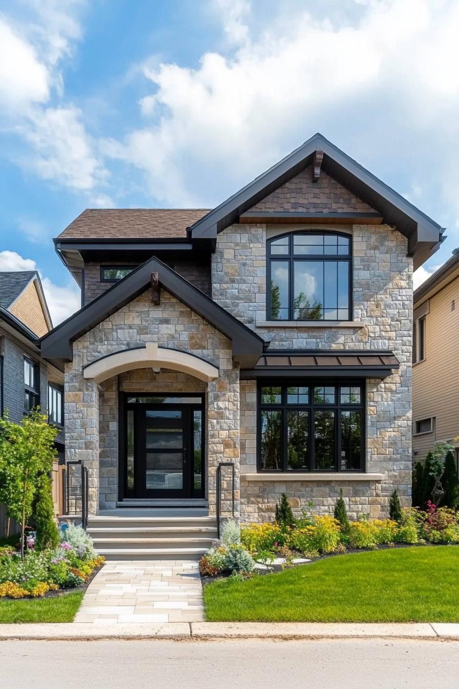 Modern suburban house with a stone facade and gabled roof