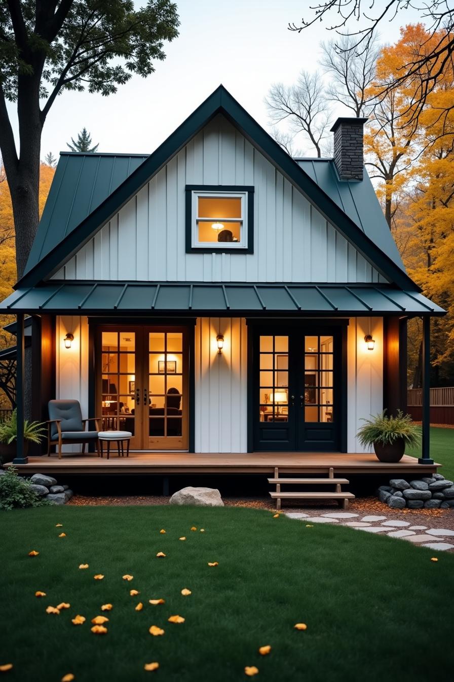 Small inviting gray and white house with front porch and warm lights