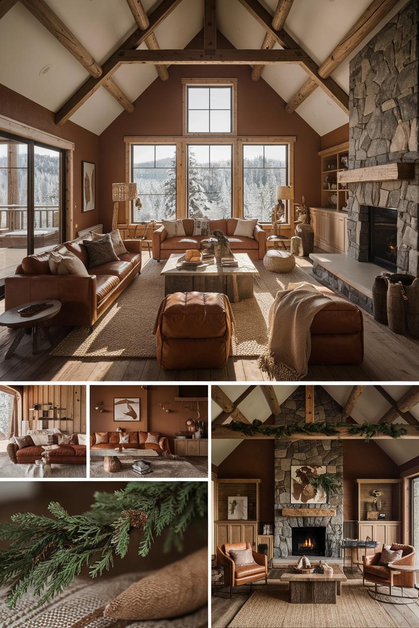 Luxe cabin interior with vaulted ceilings and stone fireplace