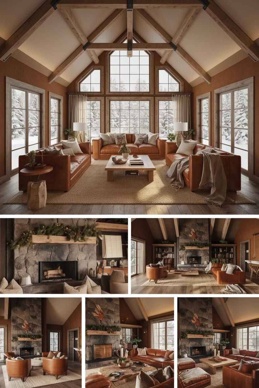 Warm and inviting living room with large windows, stone fireplace, and leather sofas