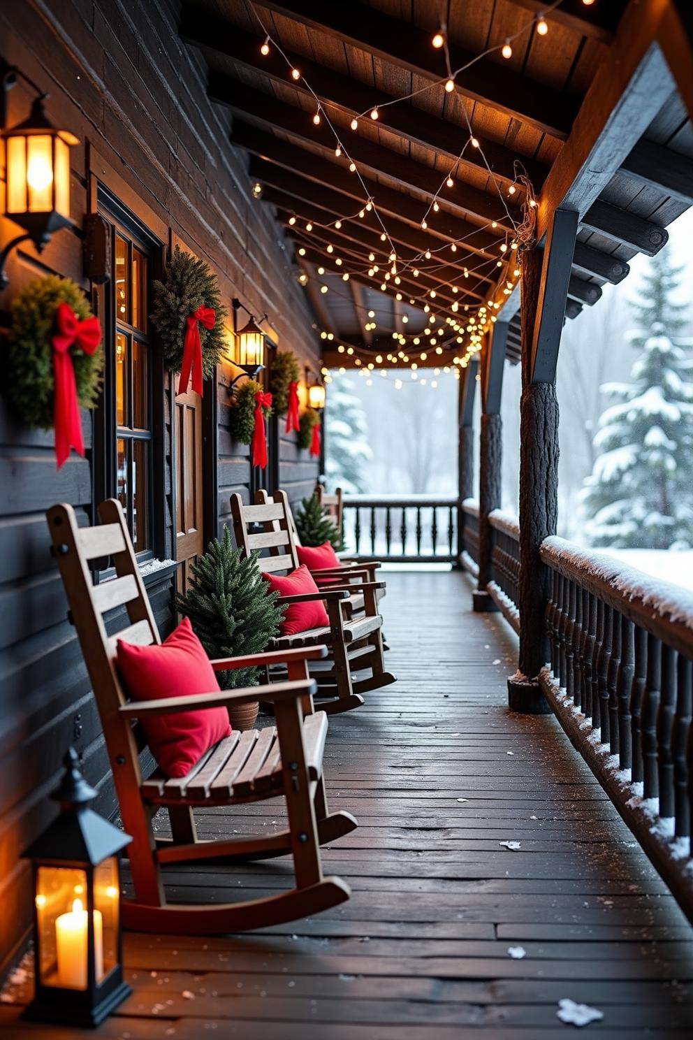 Cabin porch with rocking chairs, string lights, and snow