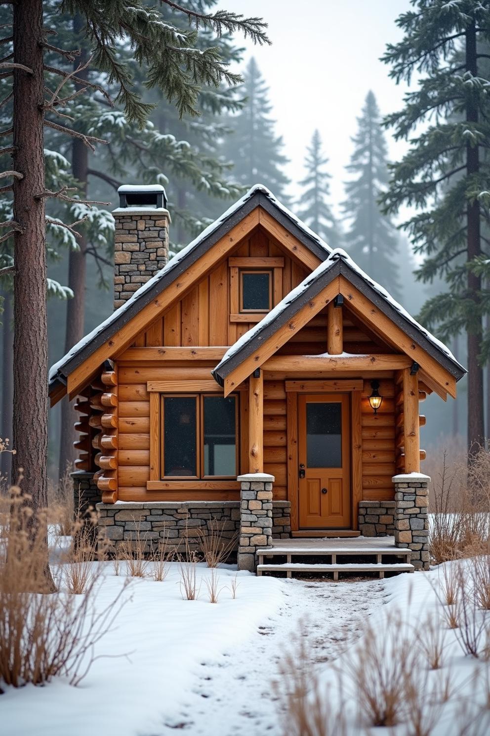 Log cabin amidst snow-covered trees