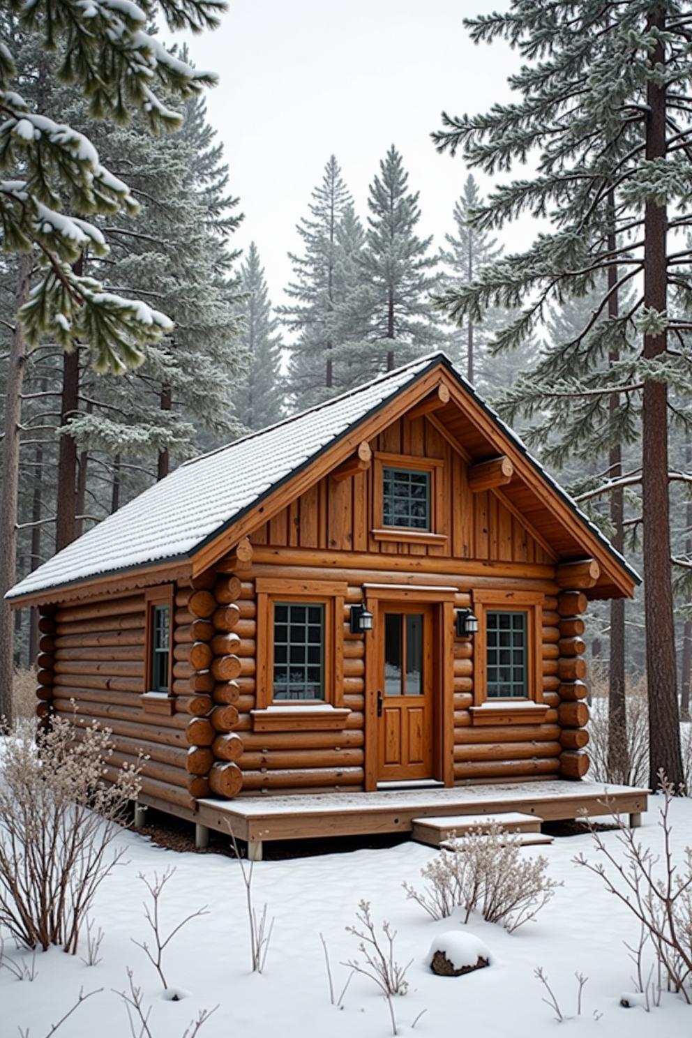 Small log cabin surrounded by snowy trees