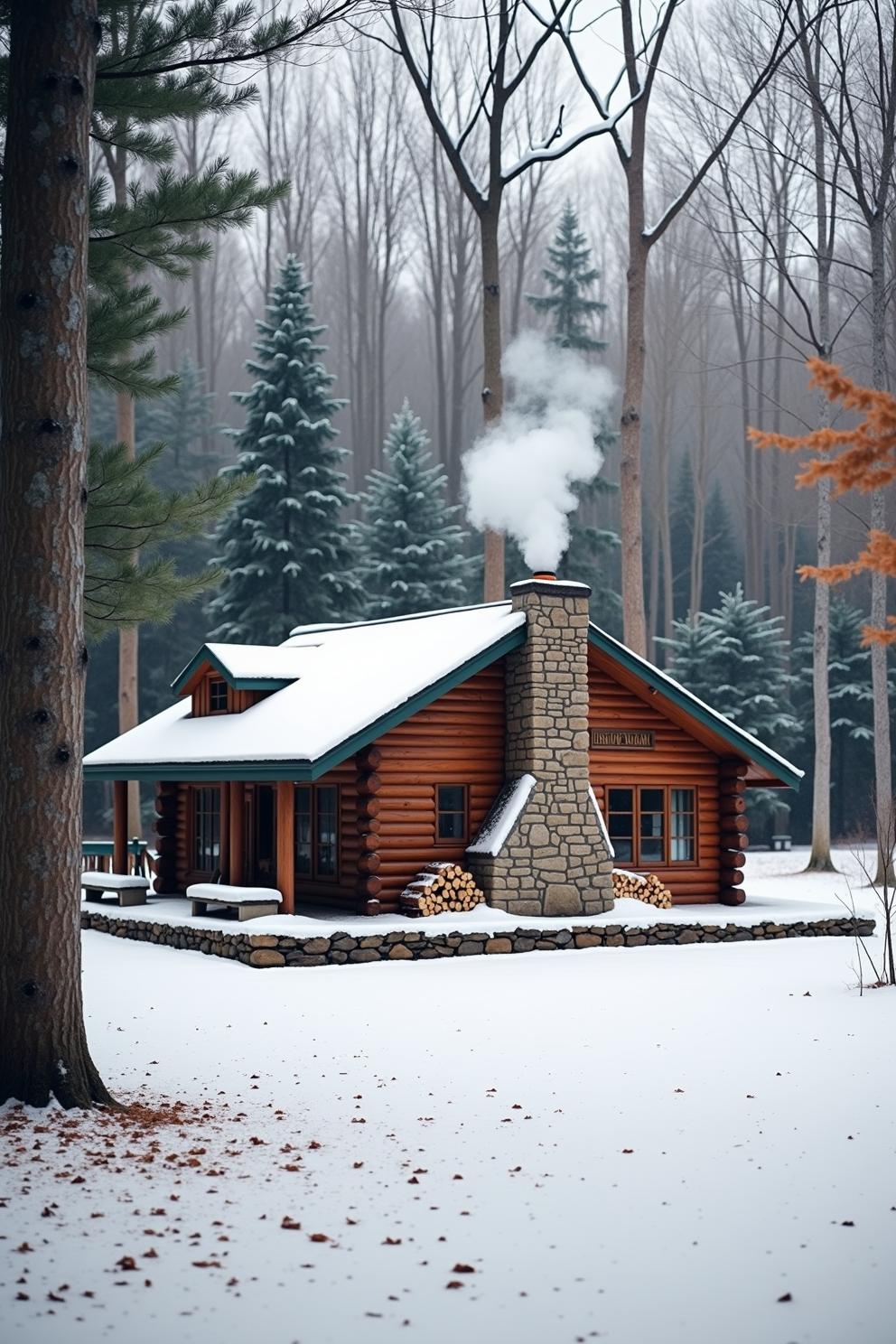 Cozy log cabin in a winter forest with smoke rising from the chimney