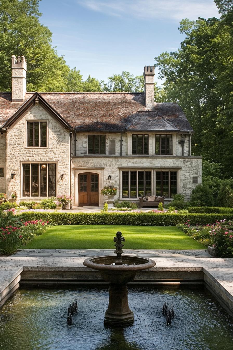 Stone house with lush garden and fountain