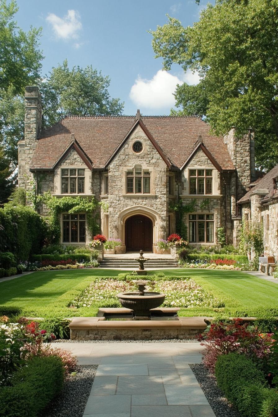 Elegant stone house with lush garden and fountain