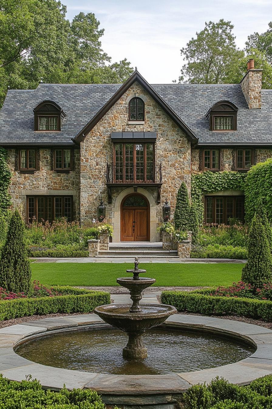 Stone house with a fountain and lush greenery