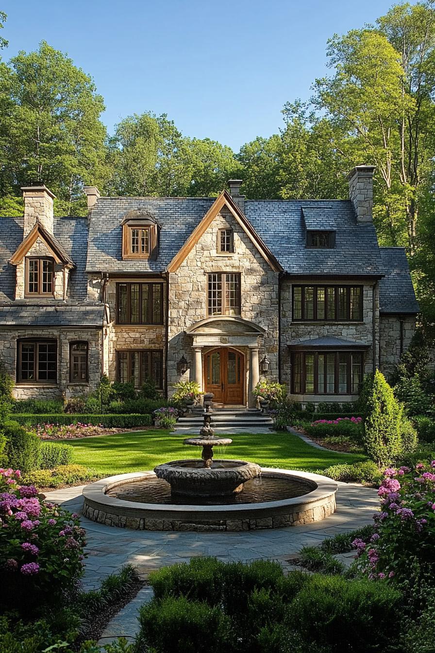 Charming stone house with lush garden and fountain