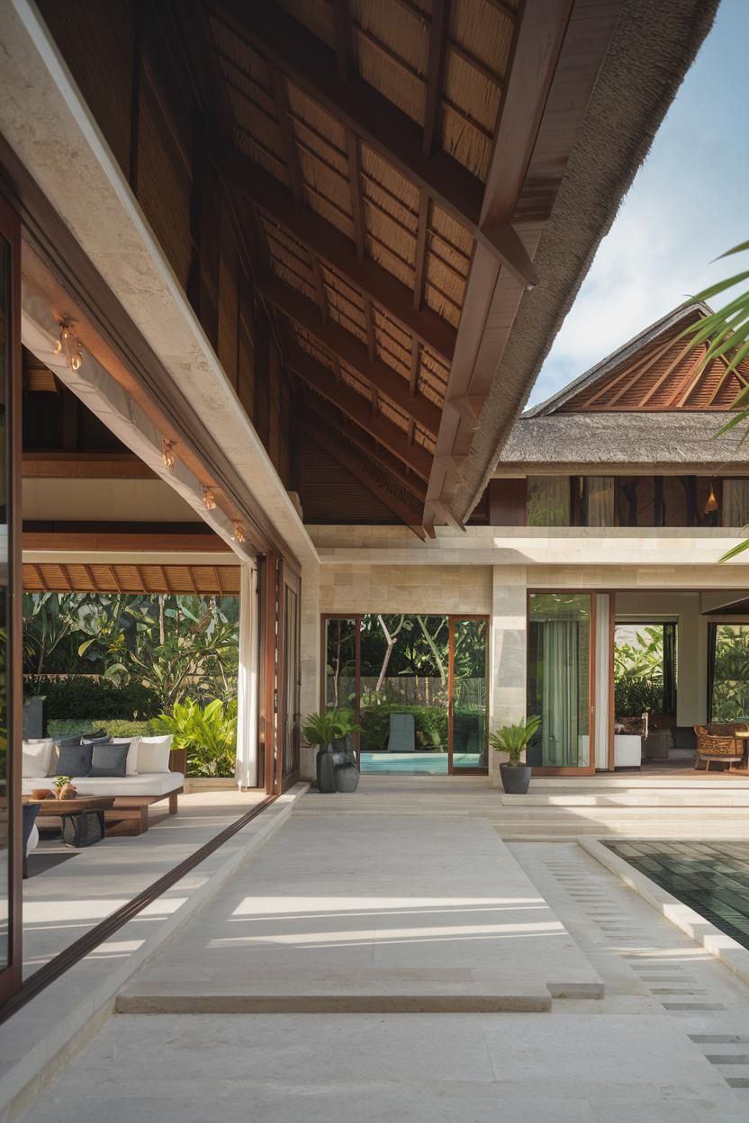 Open-air tropical living room with poolside view