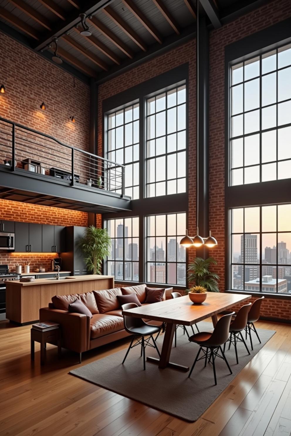 Modern loft with large windows and cozy interior