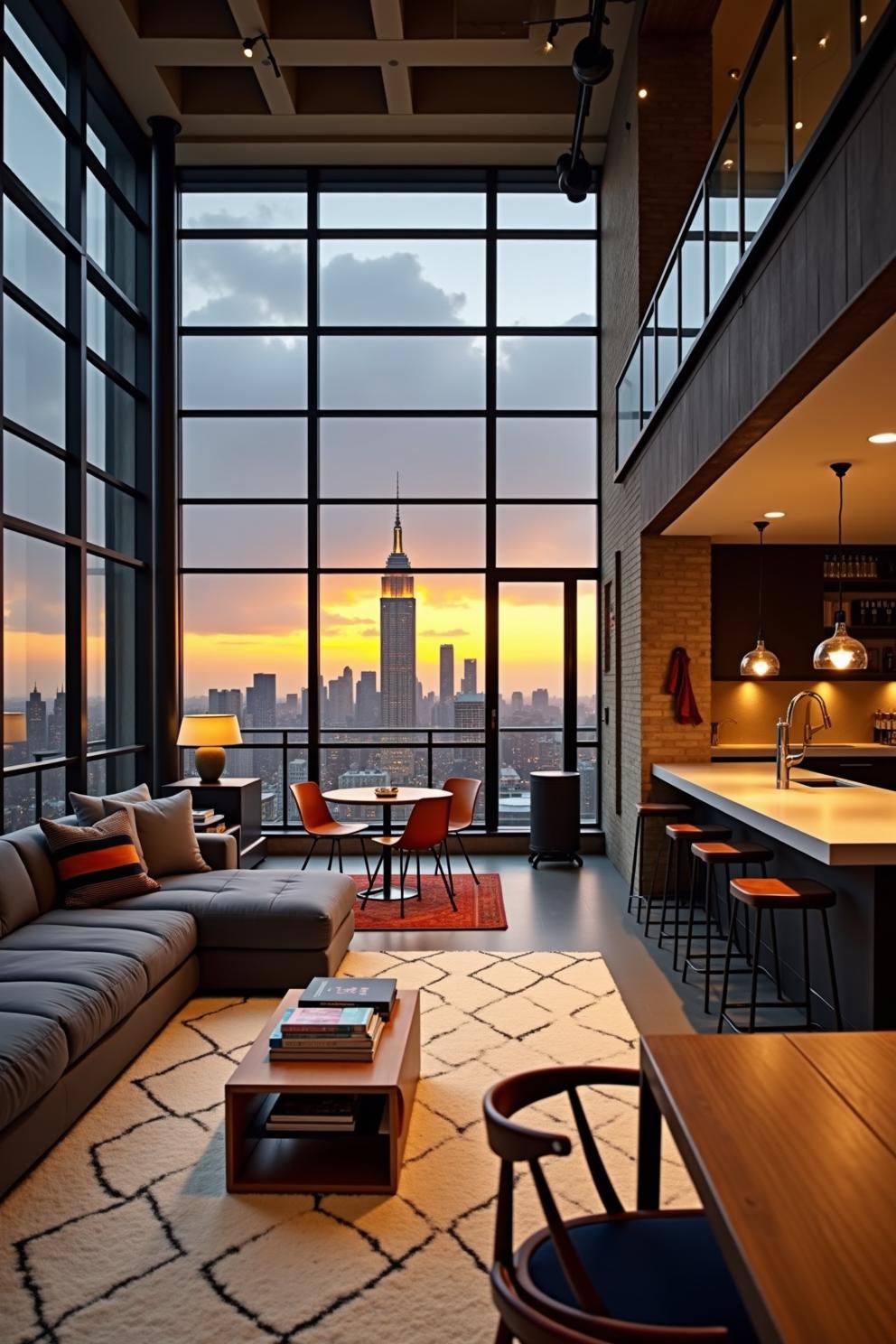 Modern loft interior with a cityscape view