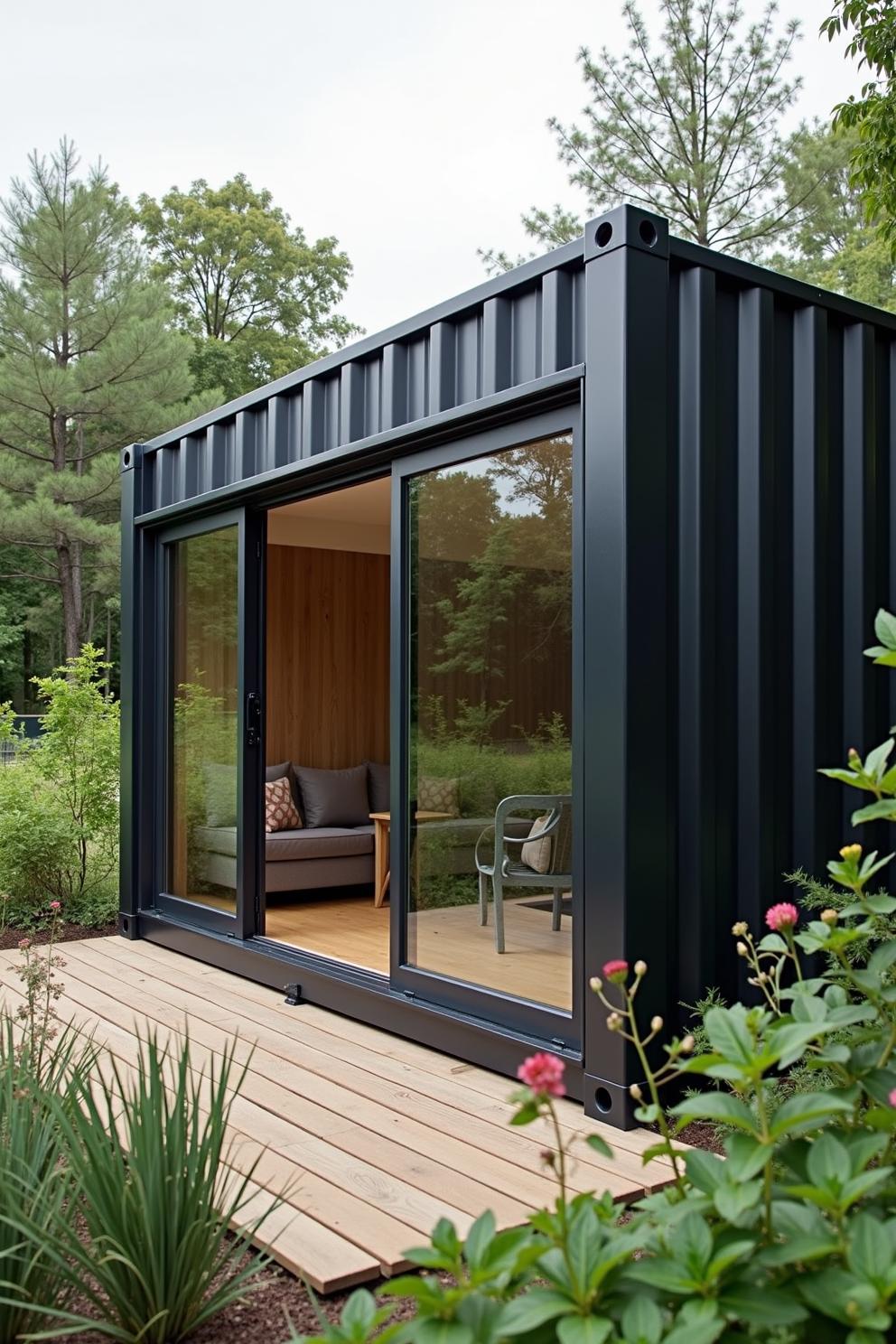 Compact container house with sliding glass doors in a lush setting