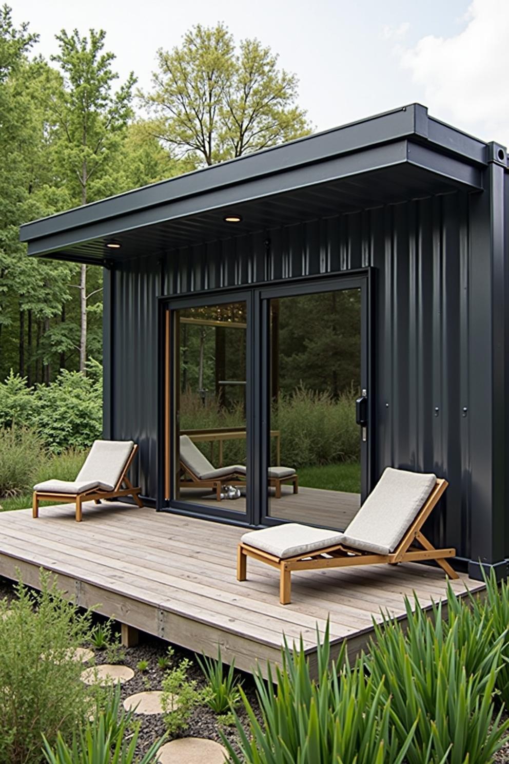 Chic tiny house with a wooden deck and loungers