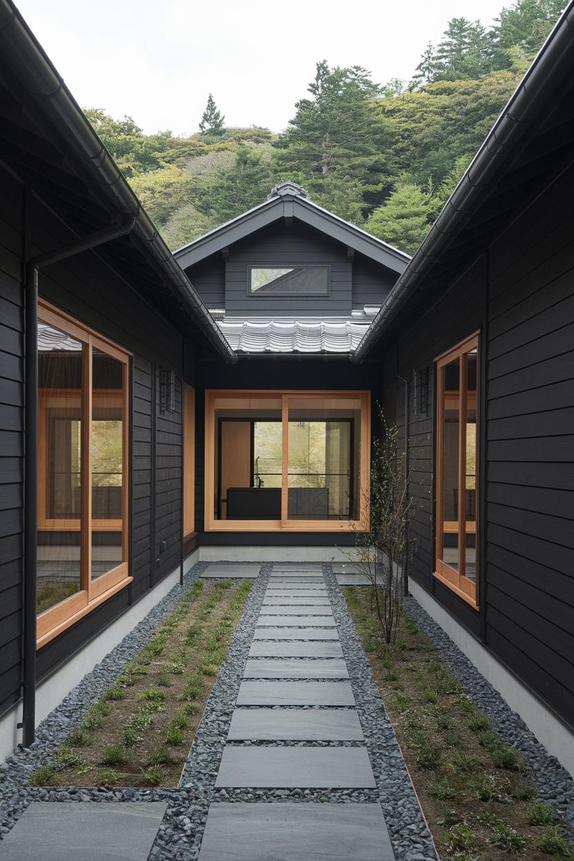 Black contemporary house with a minimalist courtyard