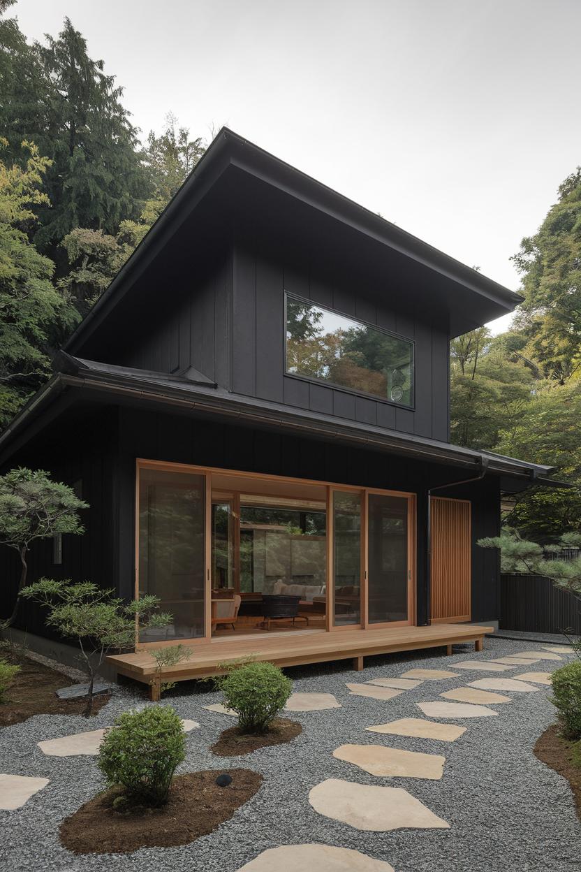 Black house with wooden accents and garden path