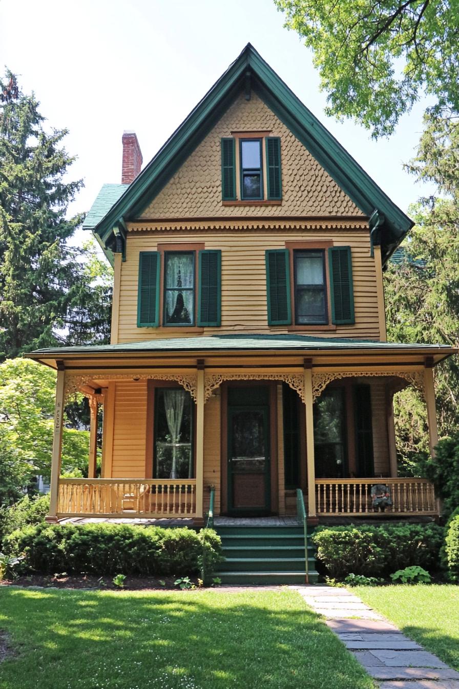 Vintage wooden house with decorative trims and green shutters