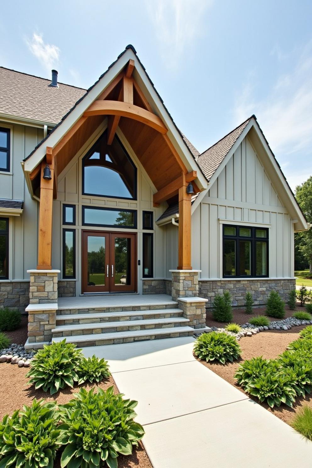 Elegant entryway of a ranch style home with wooden beams