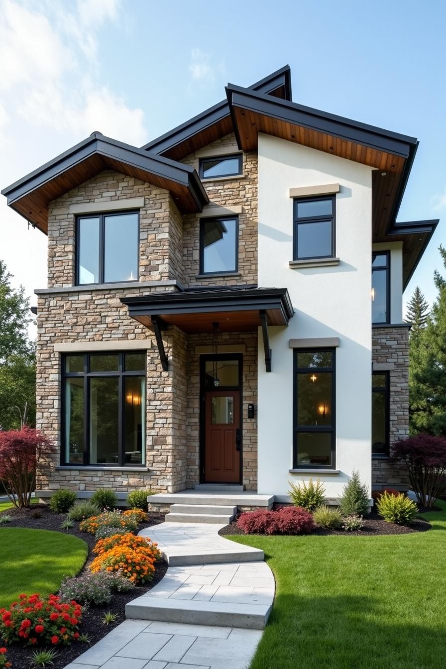 A modern house with a stone facade and large windows