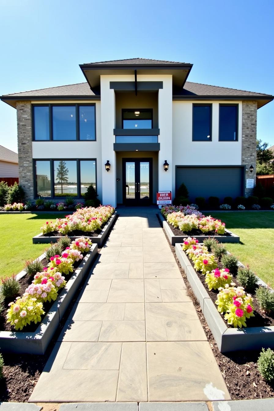 Two-story modern house with a flower-lined path