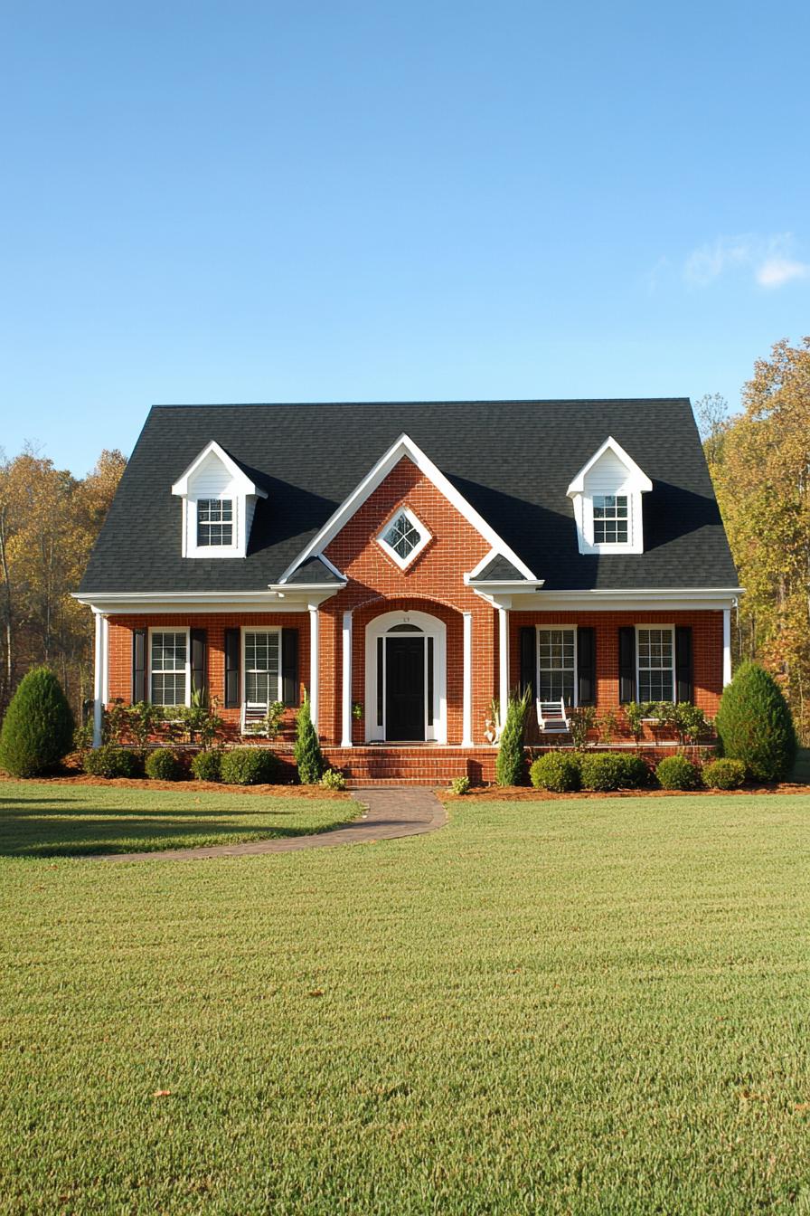 Brick ranch house with manicured lawn and vibrant greenery